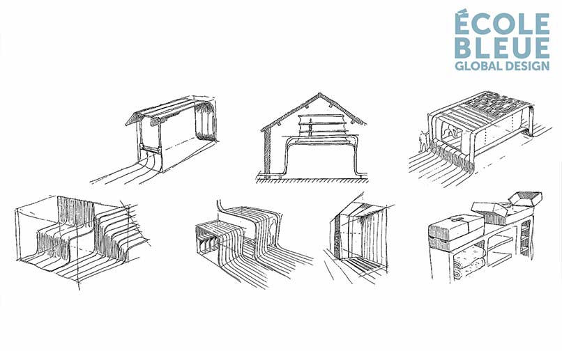 travaux d’étudiants de design global regroupant des projets d’architecture intérieure, de design produit et de design graphique